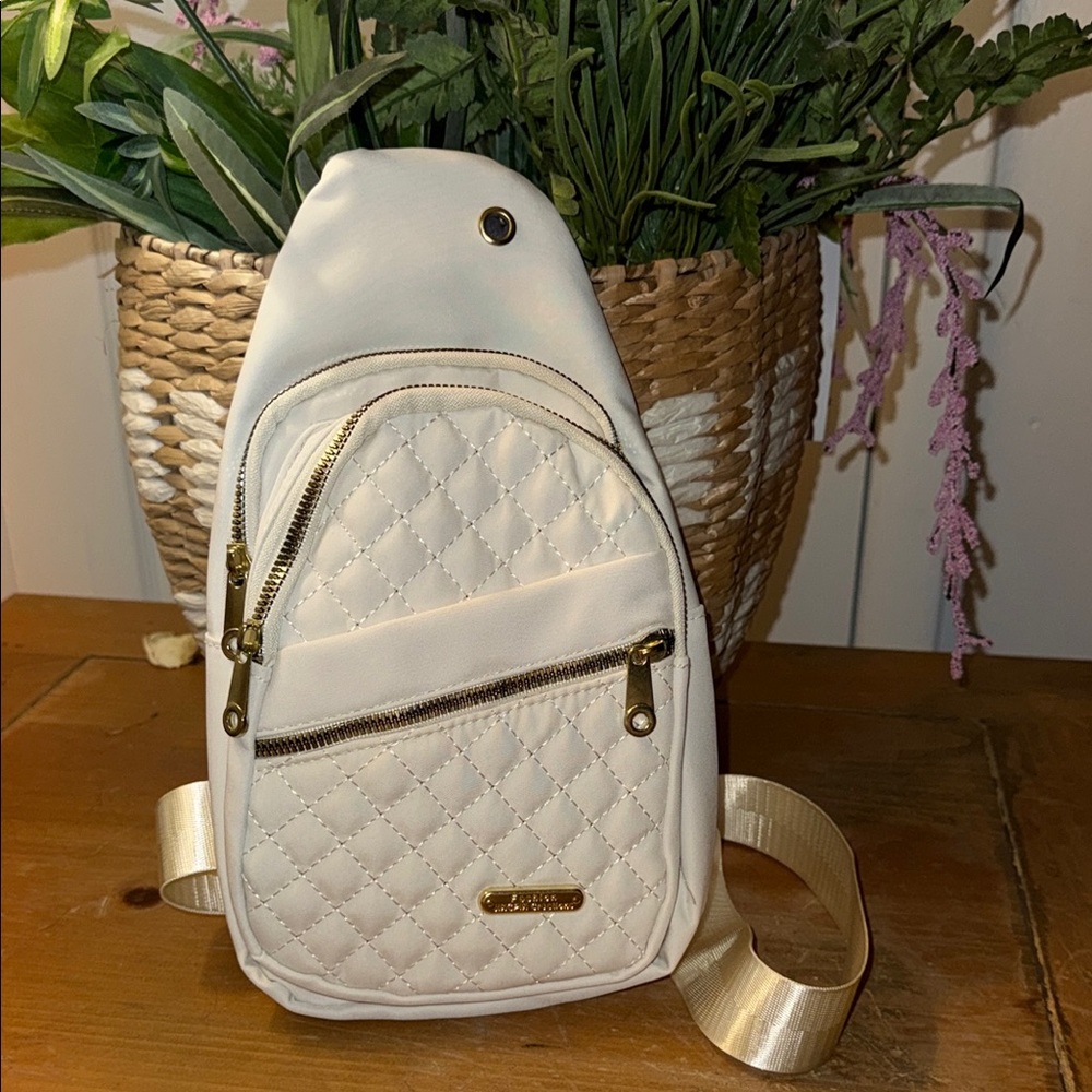 Cream Quilted‎ crossbody Backpack with Diamond Pattern and Gold Accents